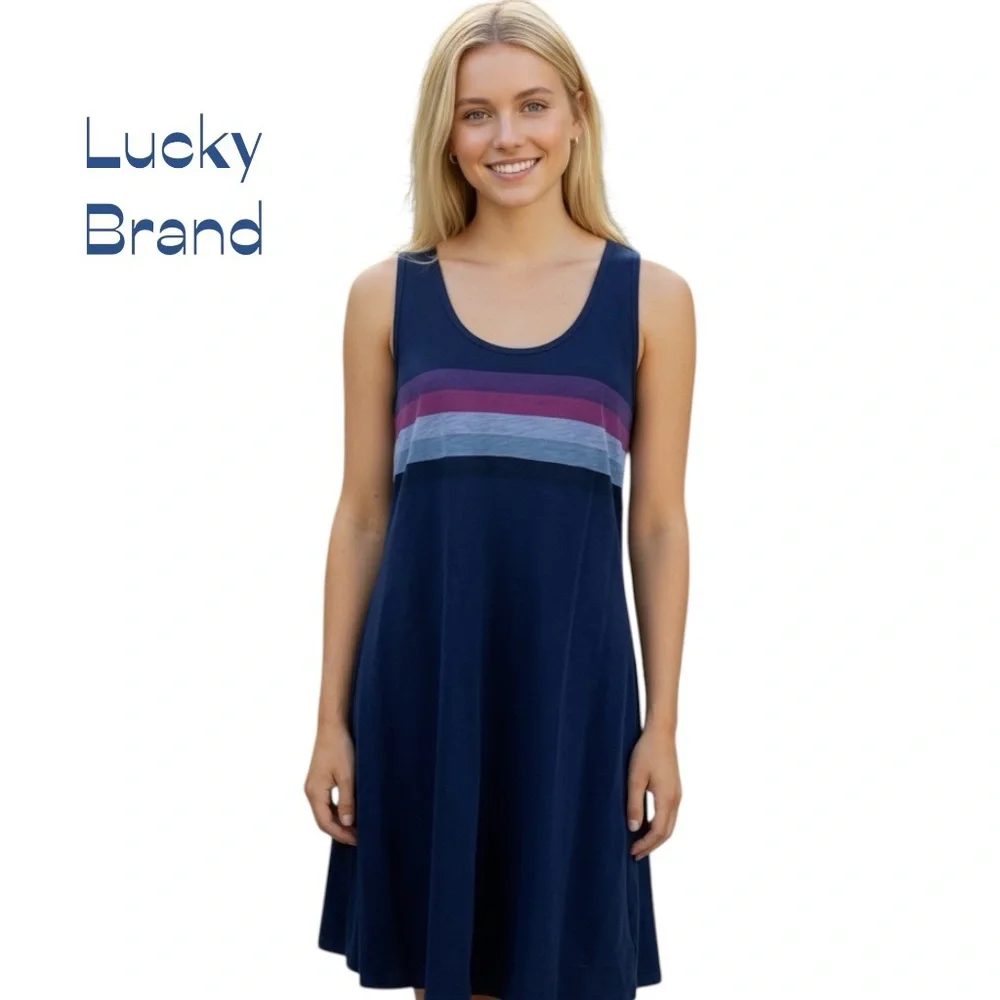 Lucky Brand Navy Striped Cotton Dress NWT Size L